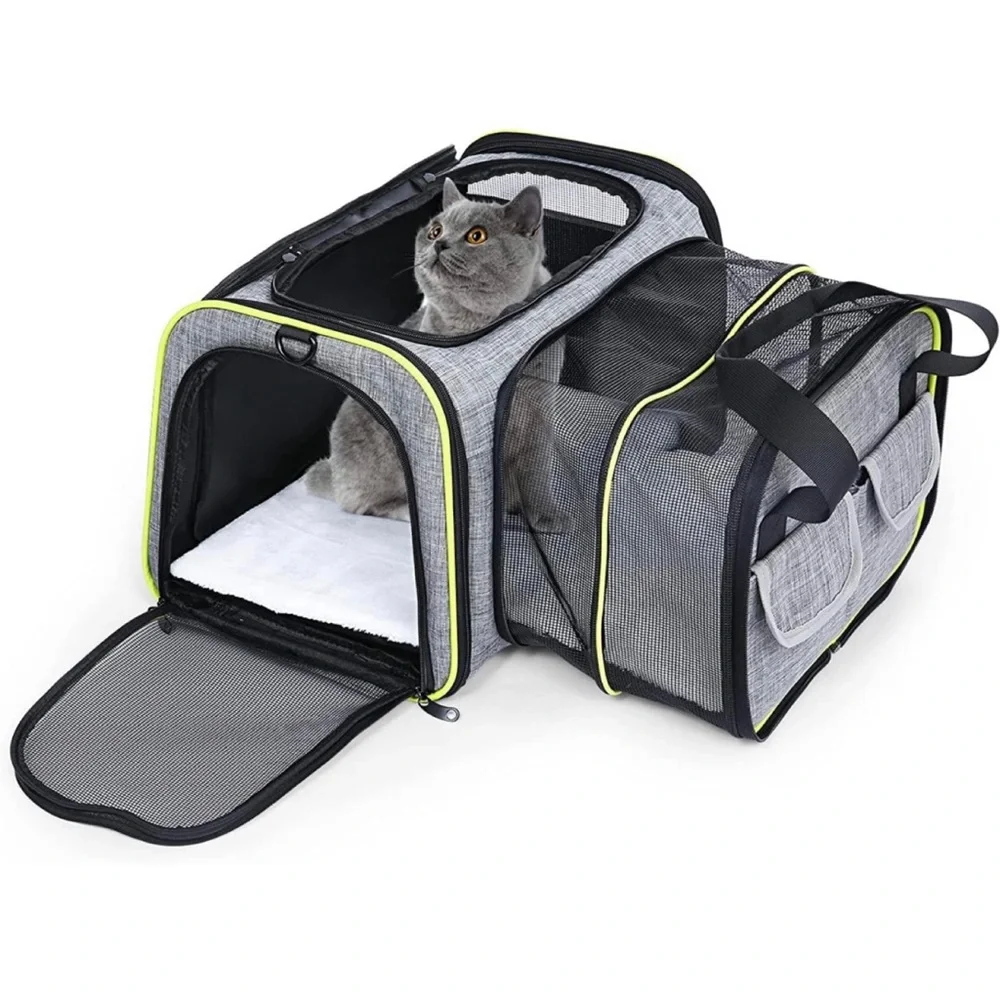 Travel Pet Carrier Soft Sides Foldable W/ Fleece Mat Airline Approve Expandable